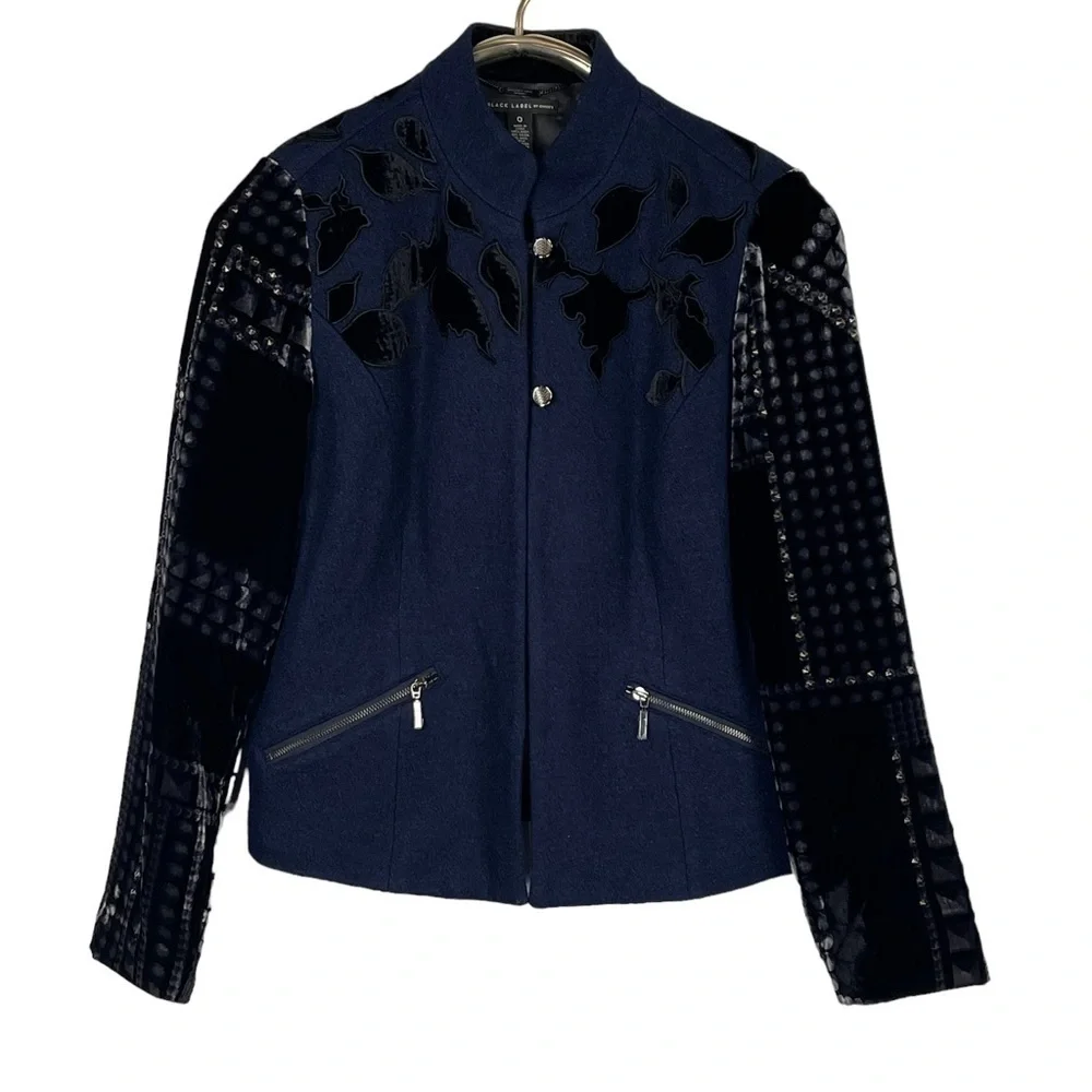 CHICOS BLACK LABEL BROCADE STUDDED VELVET WOOL BLEND 2 BUTTON JACKET